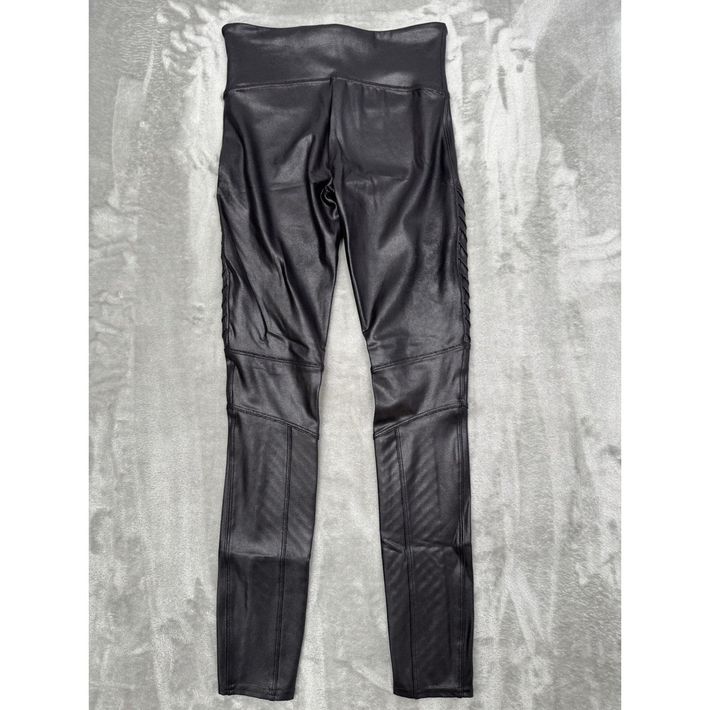 Spanx Faux Leather Moto Leggings Womens Small Petite PS Black Biker Pants Ribbed - Picture 7 of 7